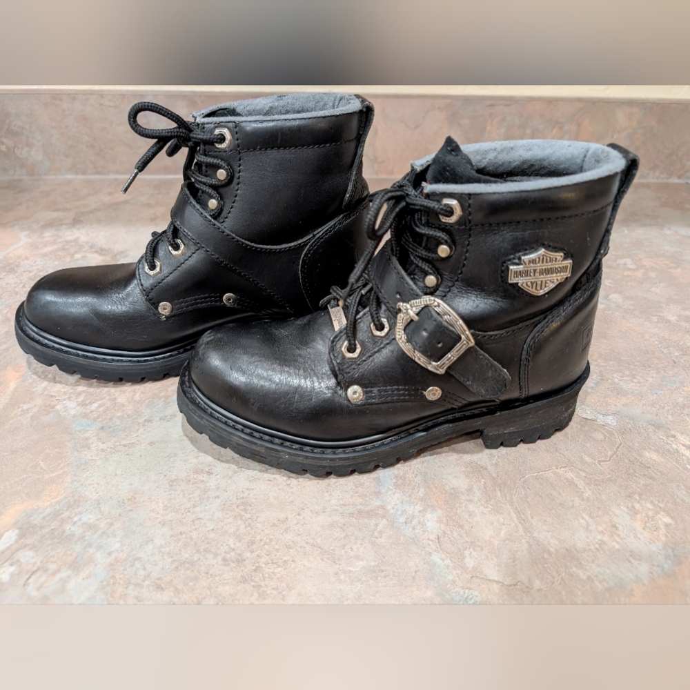 Authentic Harley-Davidson® Black Leather (thick) Lace-Up/With Strap & Buckle - Picture 5 of 13